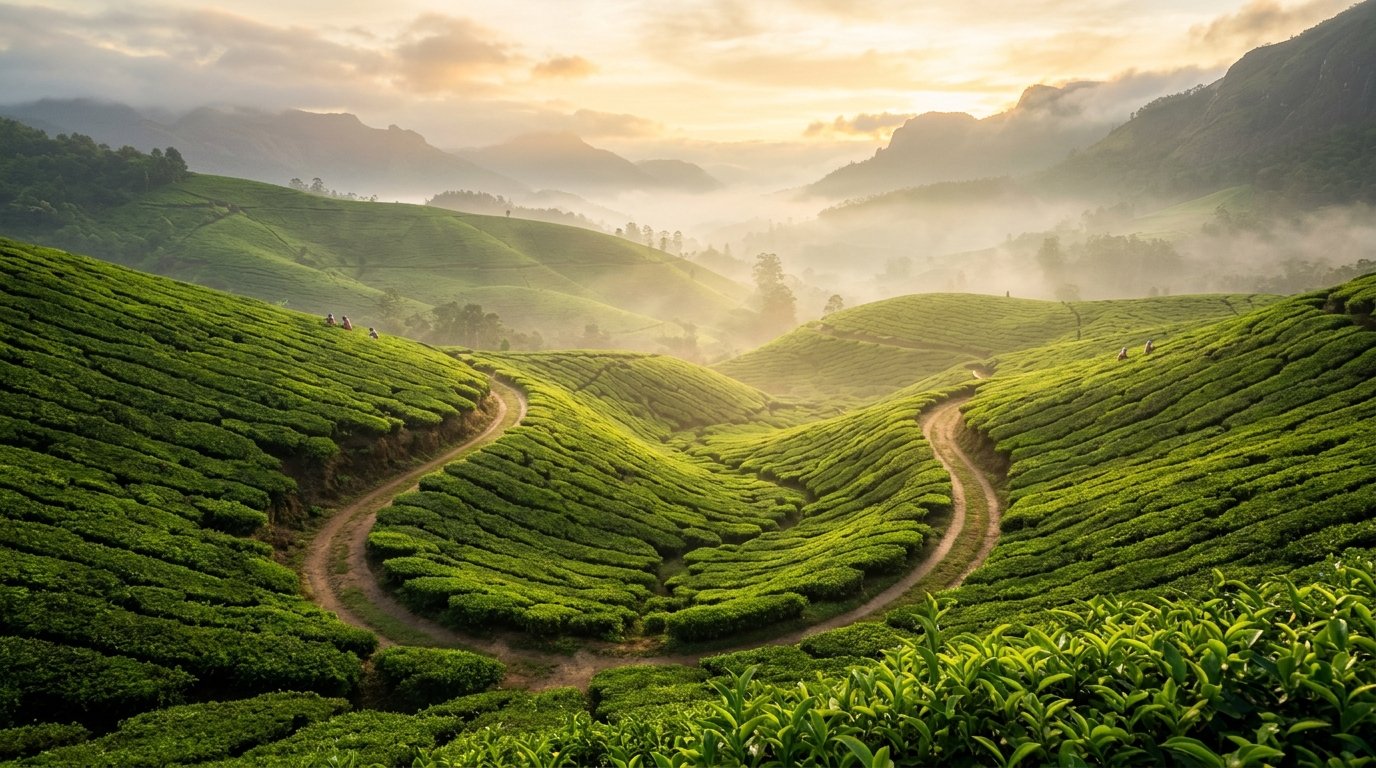 Misty Dawn Over Munnar High-Altitude Tea Estates